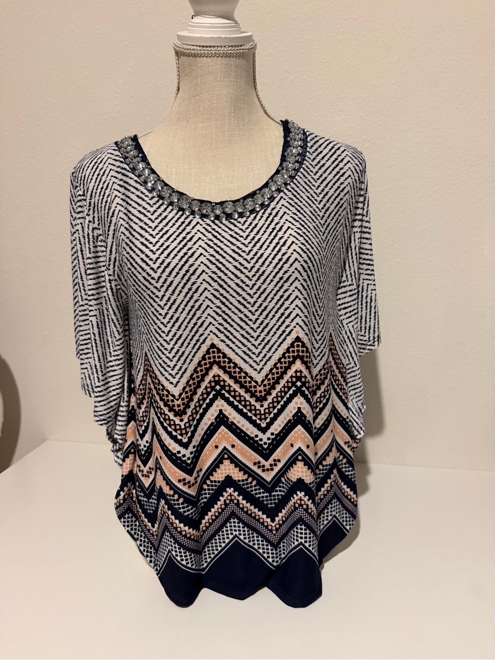 Lavish Navy and Peach Chevron Beaded Neckline Tunic